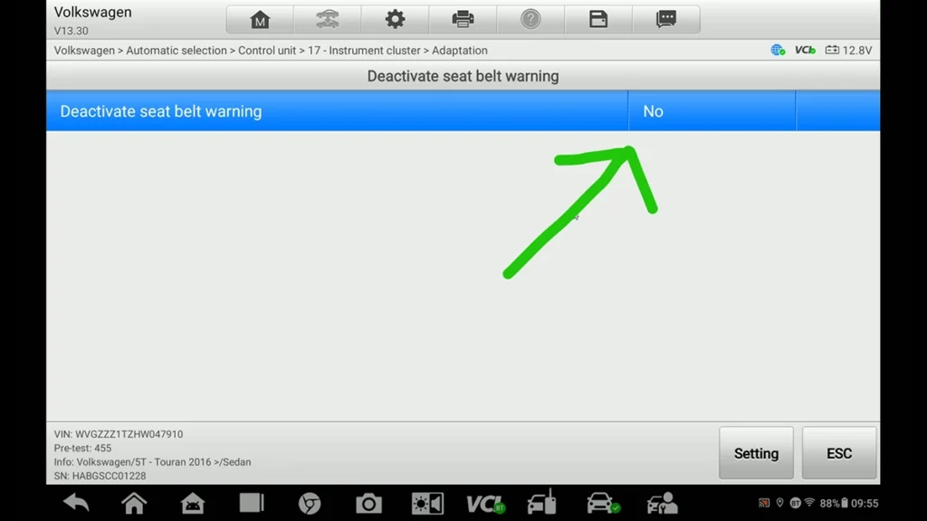 vw touran deactivate seatbelt warning
